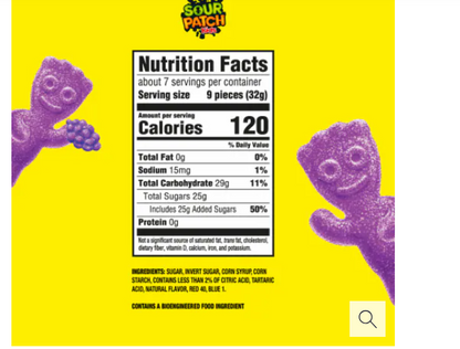 Close-up of grape-flavored Sour Patch Kids gummies with sugar coating, in a bulk 12-pack.