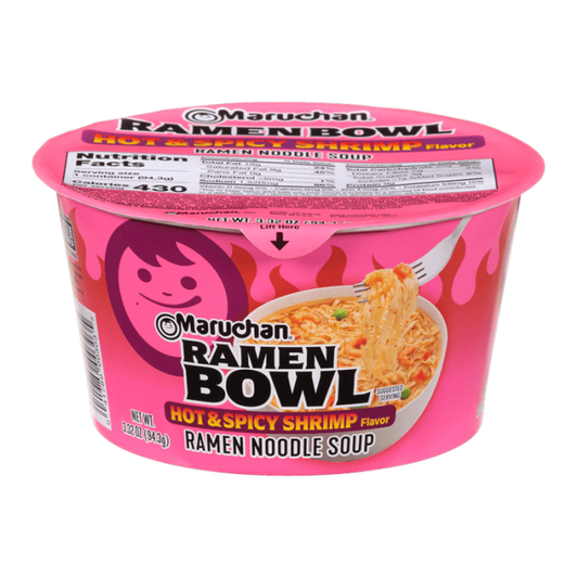 Front view of Maruchan Spicy Shrimp Flavor Ramen Noodles & Vegetables Bowl, 3.3 oz.