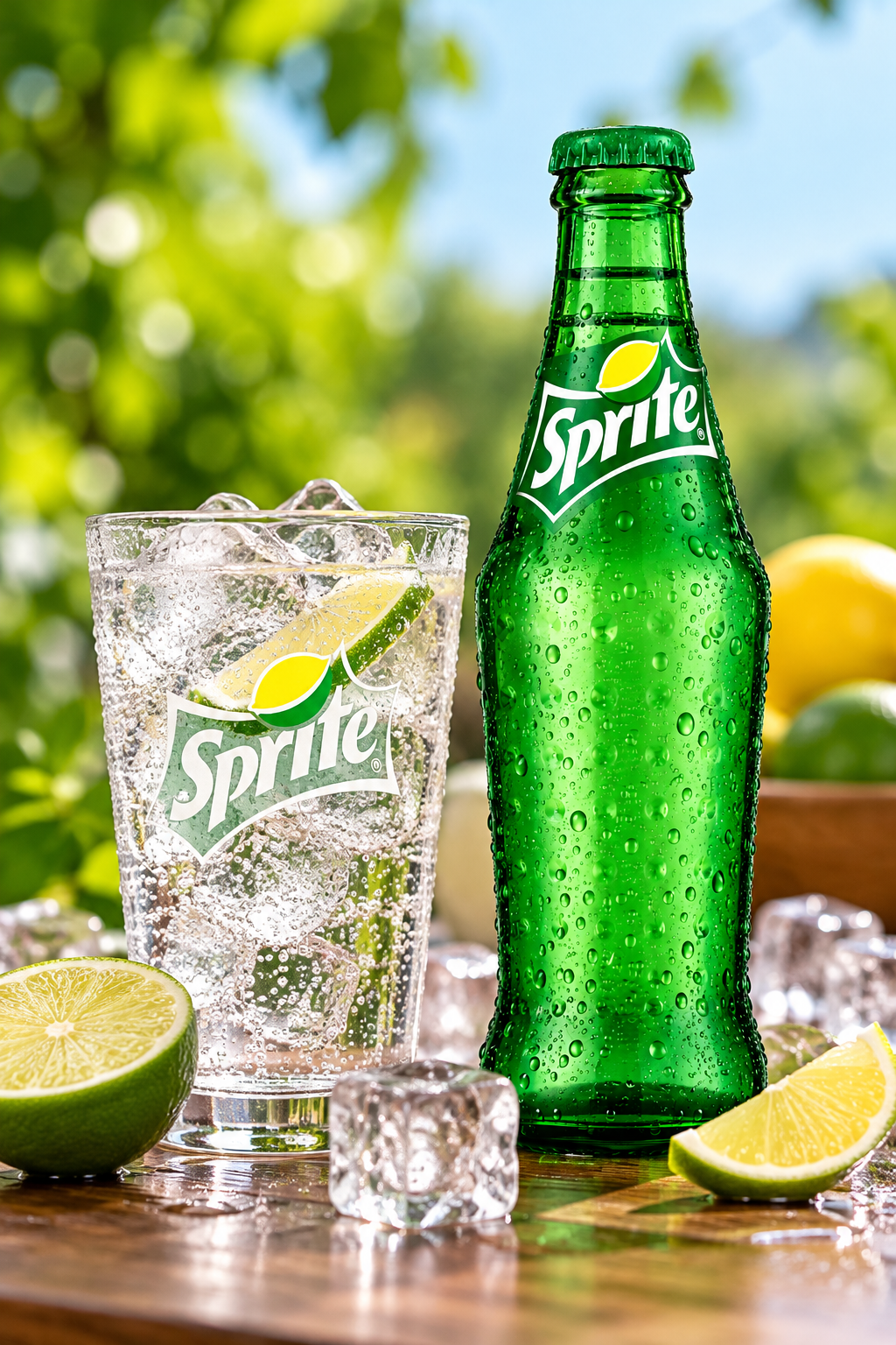 Sprite Lemon-Lime glass bottle beside a glass of chilled clear fizzy drink with ice cubes, lemon slices and lime wedges on a wooden table.