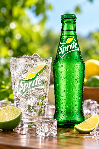 Sprite Lemon-Lime glass bottle beside a glass of chilled clear fizzy drink with ice cubes, lemon slices and lime wedges on a wooden table.