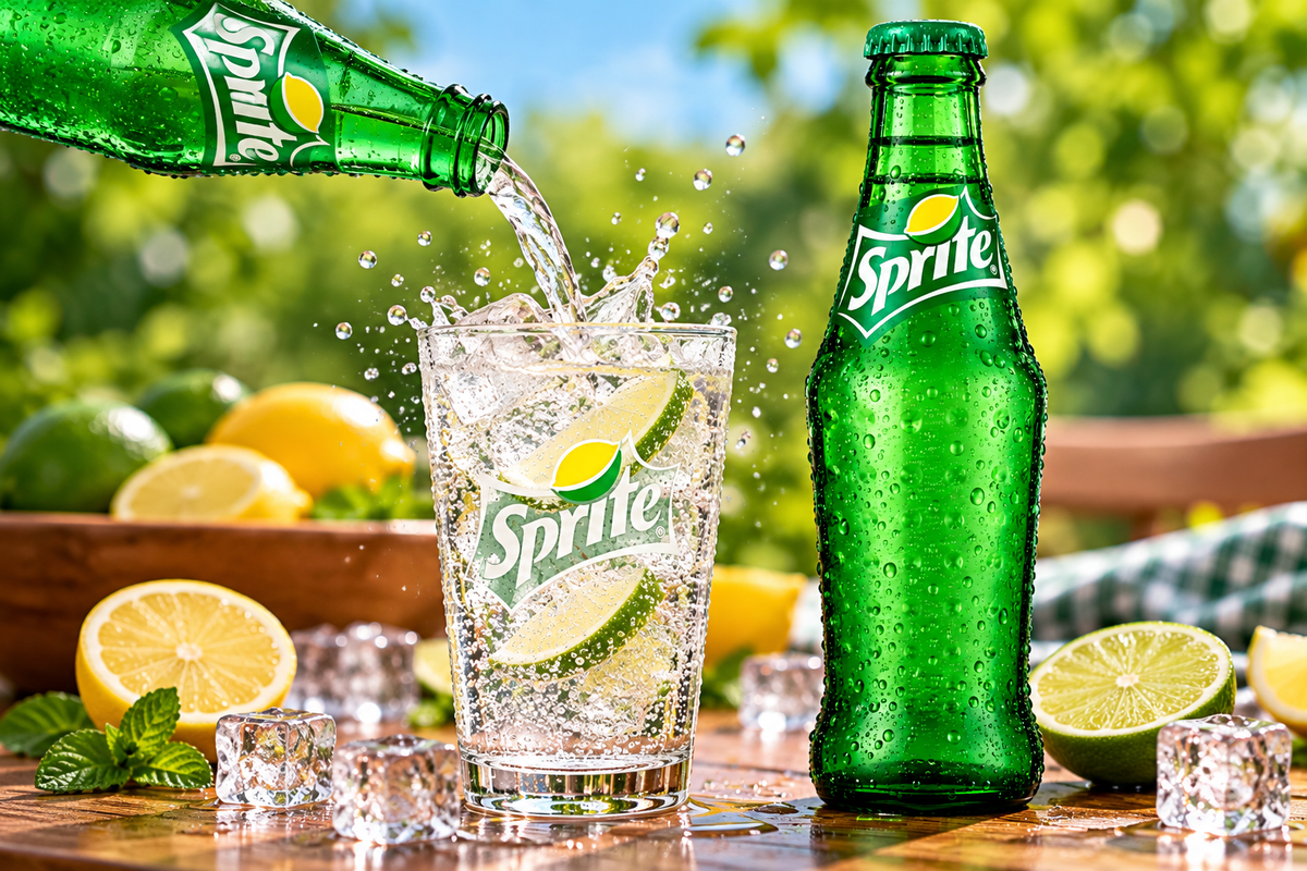 Sprite Lemon-Lime soft drink being poured from a green glass bottle into an ice-filled glass, surrounded by lemon slices, lime wedges and sparkling droplets.