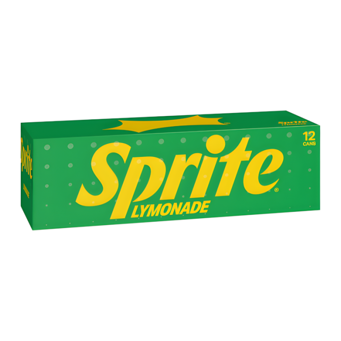 Sprite Lymonade 12-pack of 355ml cans with lemonade-flavored Sprite, offering a refreshing citrus drink with a fizzy texture, perfect for sharing.