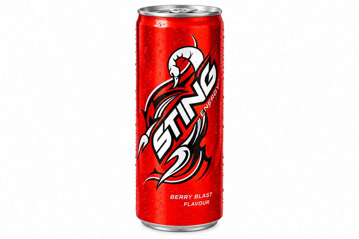 Sting Energy Berry Blast red energy drink can with silver top and bold black and white branding on a white background.