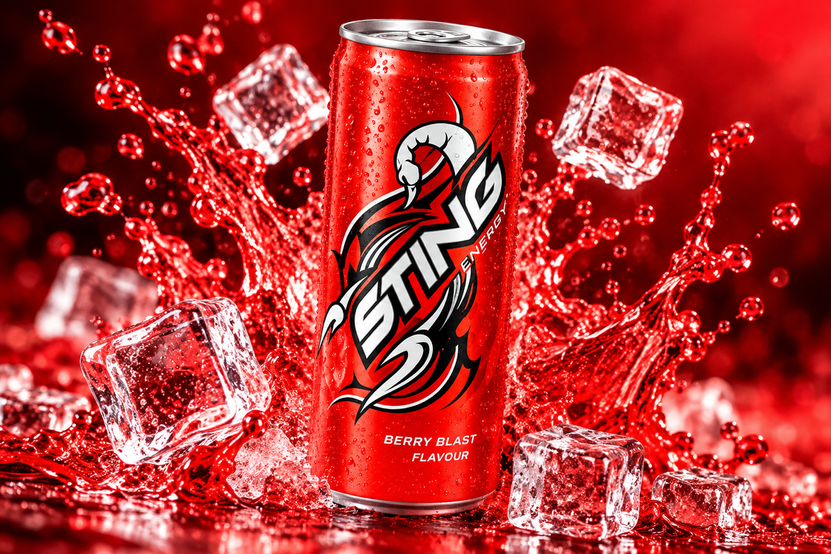 Sting Energy Berry Blast drink can surrounded by red liquid splashes, ice cubes and sparkling droplets.