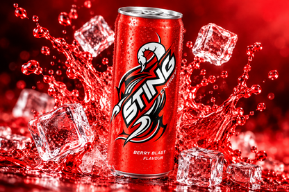 Sting Energy Berry Blast drink can surrounded by red liquid splashes, ice cubes and sparkling droplets.
