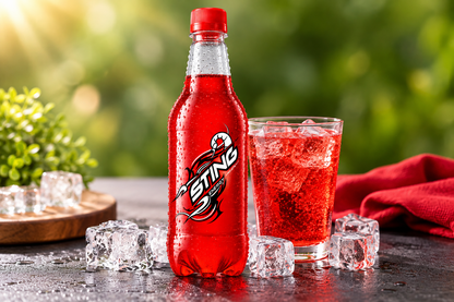 Sting Energy Drink red bottle beside a glass of chilled red beverage with ice cubes on a tabletop.