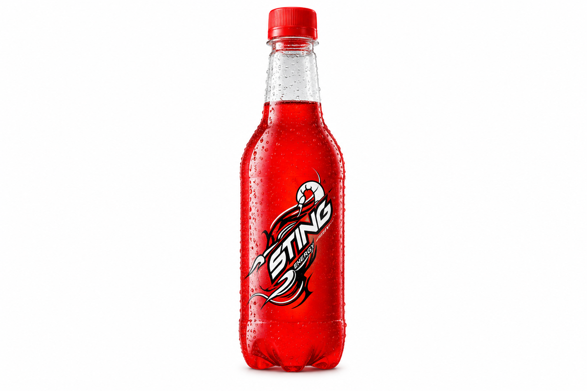 Sting Energy Drink red bottle with red cap and scorpion logo on a clean white background.