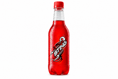 Sting Energy Drink red bottle with red cap and scorpion logo on a clean white background.