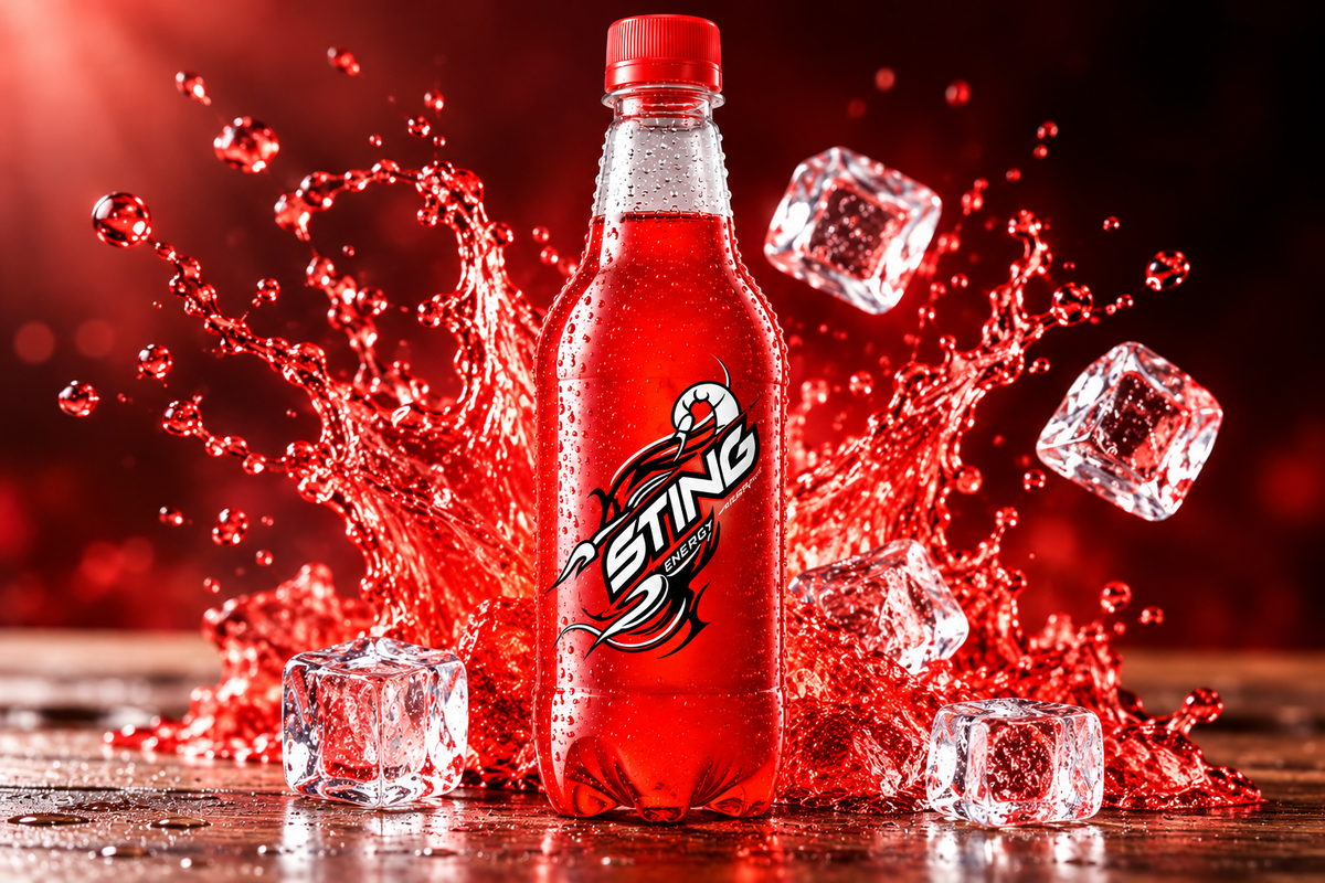Sting Energy Drink bottle with red liquid splashes and ice cubes against a dramatic red background.