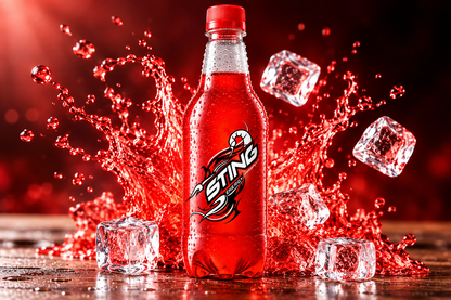 Sting Energy Drink bottle with red liquid splashes and ice cubes against a dramatic red background.