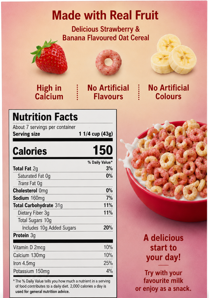 Strawberry Banana Cheerios 317g back packaging displaying nutrition facts, real fruit ingredients and serving suggestions.