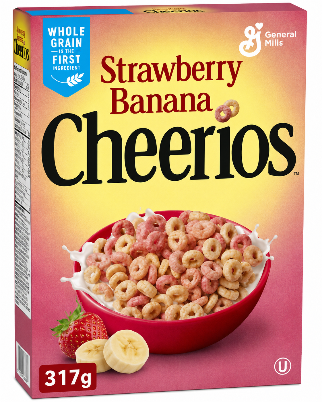 Strawberry Banana Cheerios 317g breakfast cereal front packaging made with whole grain oats and delicious strawberry and banana flavour.