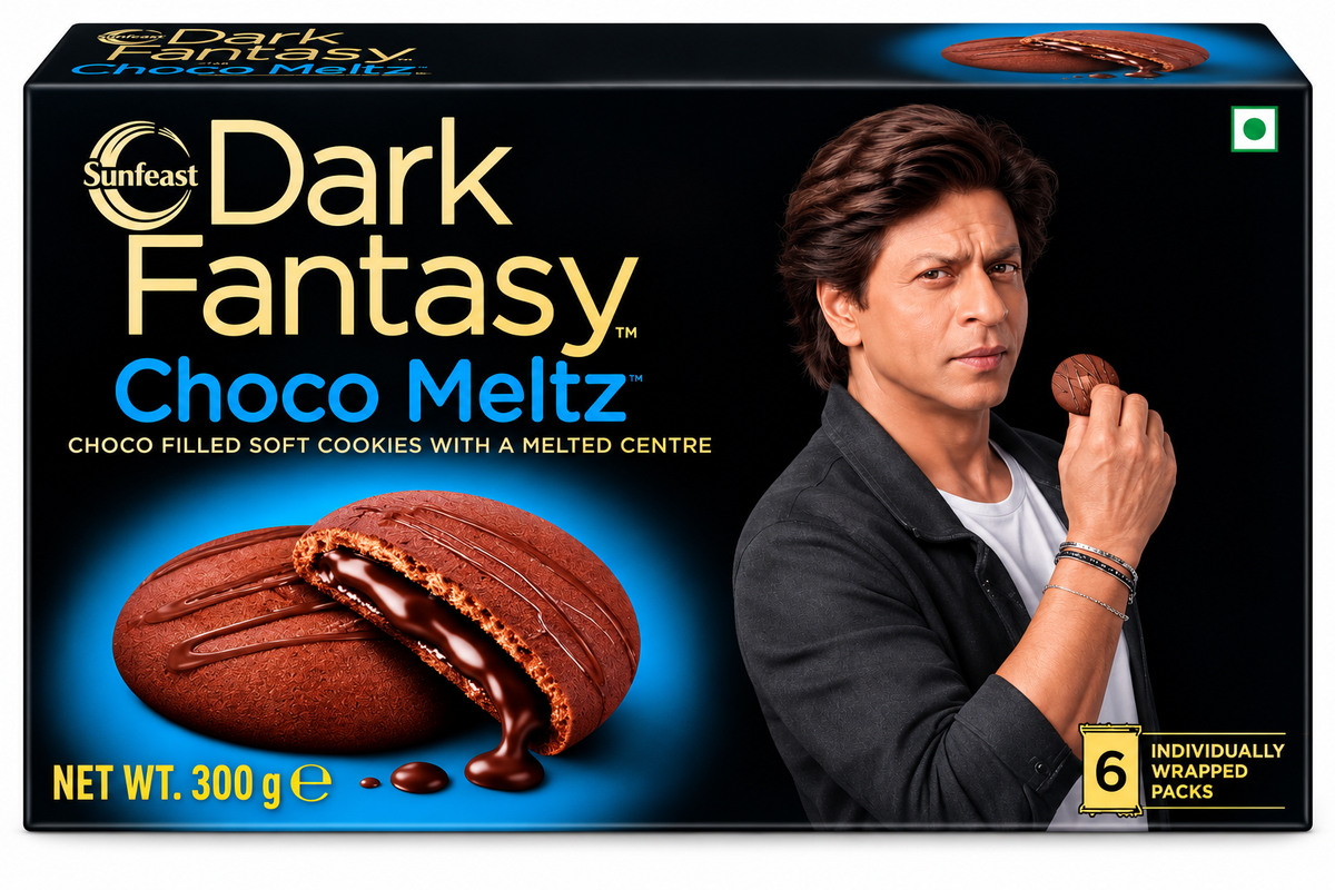 Sunfeast Dark Fantasy Choco Meltz chocolate-filled soft cookies with a rich molten chocolate centre in black packaging featuring chocolate biscuit imagery.