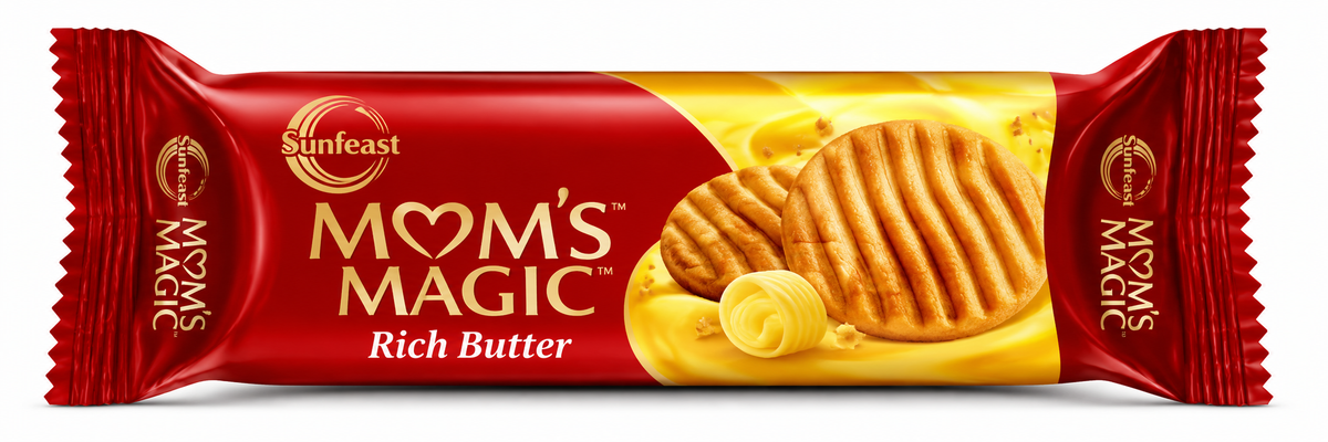 Sunfeast Mom’s Magic Rich Butter Cookies 75g pack featuring golden, ridged butter biscuits in red and gold packaging.