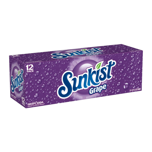 Sunkist Grape 12-pack of 355ml cans featuring vibrant purple packaging, offering a sweet, juicy grape soda with refreshing carbonation.