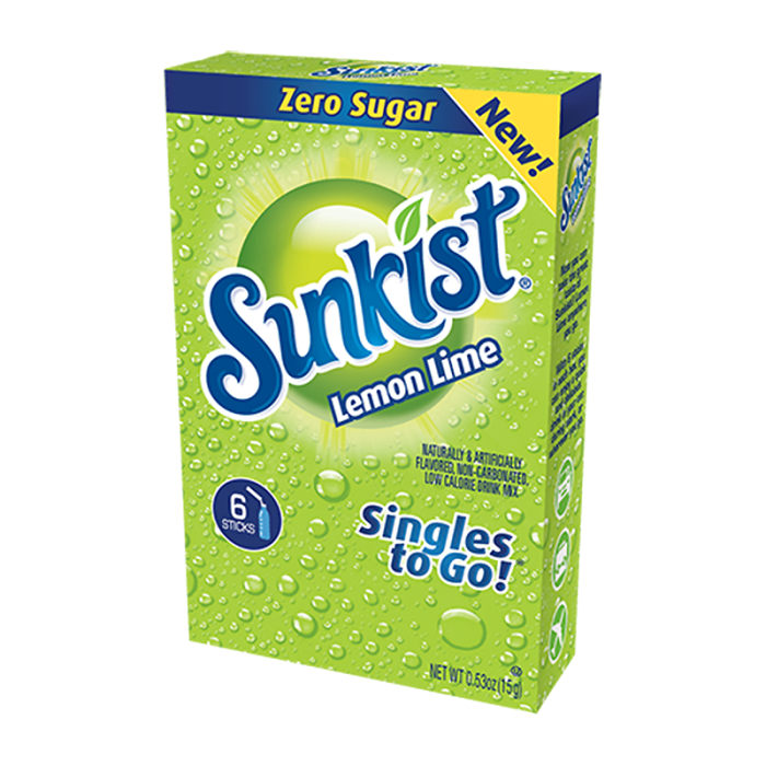 Single-serve Sunkist Lemon Lime Zero Sugar powdered drink mix, 0.53 oz, portable citrus flavor.