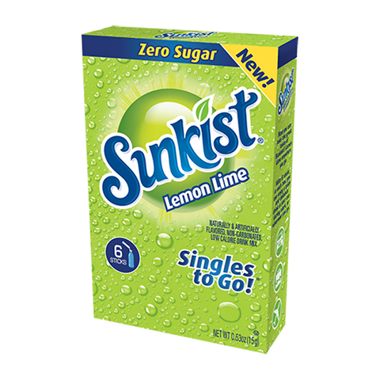 Single-serve Sunkist Lemon Lime Zero Sugar powdered drink mix, 0.53 oz, portable citrus flavor.