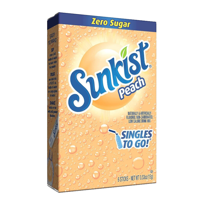 Sunkist Peach Zero Sugar Singles to Go (0.53oz) packets with vibrant packaging, offering a refreshing peach-flavored drink with zero sugar.