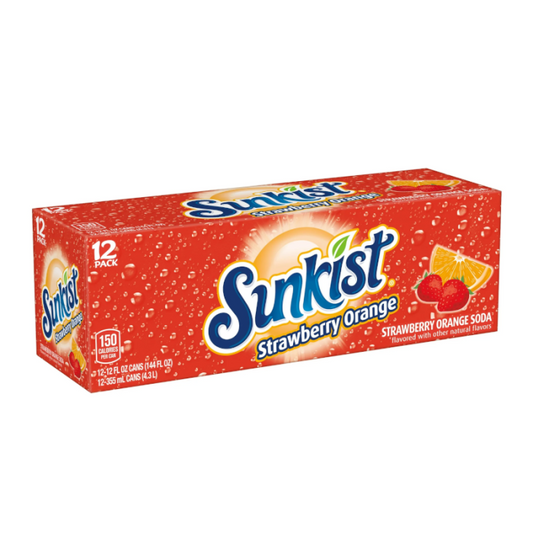 Sunkist Strawberry Orange 12-pack of 355ml cans featuring vibrant packaging and offering a sweet and tangy strawberry-orange flavored soda with refreshing fizz.