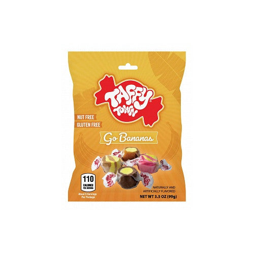 Yellow and mixed banana salt water taffy candies in clear bag showing chewy texture.