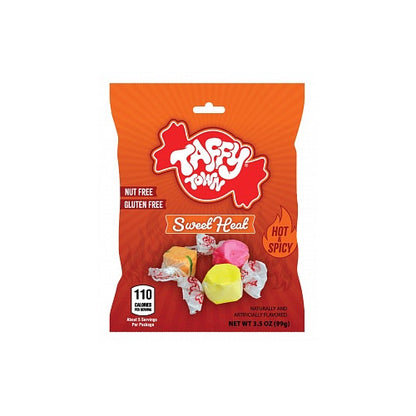 Taffy Town Sweet Heat salt water taffy pieces individually wrapped, soft chewy candy with sweet flavor and spicy kick.