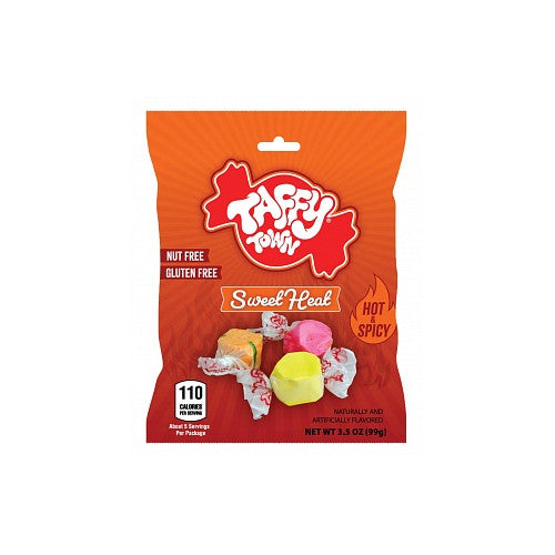 Taffy Town Sweet Heat salt water taffy pieces individually wrapped, soft chewy candy with sweet flavor and spicy kick.