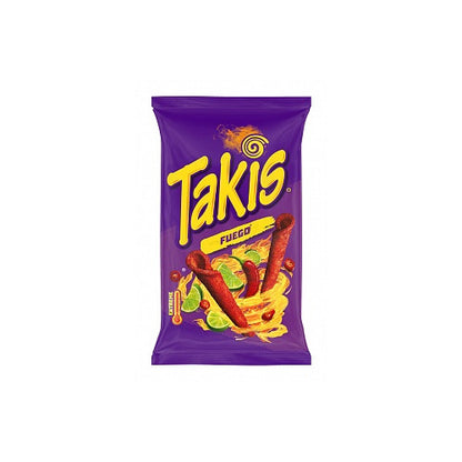 Front view of Takis Fuego multipack showing crispy, rolled corn chips coated in spicy chili and lime seasoning.