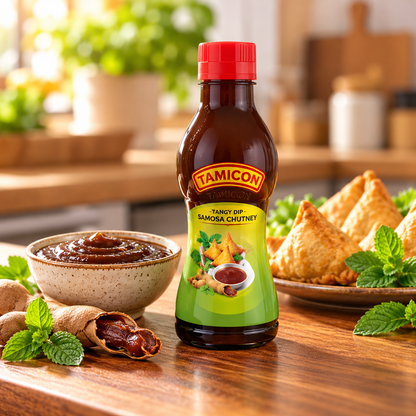 Tamicon Tangy Dip Samosa Chutney 300g single bottle displayed with a bowl of chutney and crispy golden samosas.