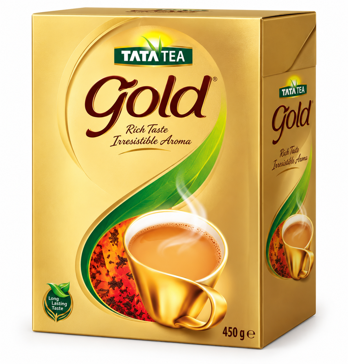 Tata Tea Gold 450g box featuring elegant golden packaging, the green Tata Tea logo, prominent brown Gold lettering, and the tagline “Rich Taste Irresistible Aroma.” The front design showcases sweeping green tea leaves, a golden cup of steaming tea, and a tea leaf emblem, displayed against a clean white background.