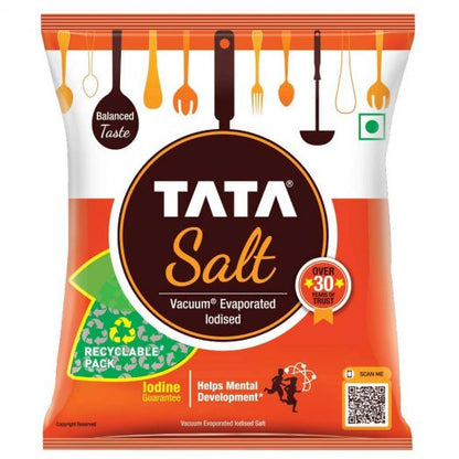 Tata Salt 1kg iodised table salt pack, orange and white packaging, vacuum evaporated salt with iodine for everyday cooking
