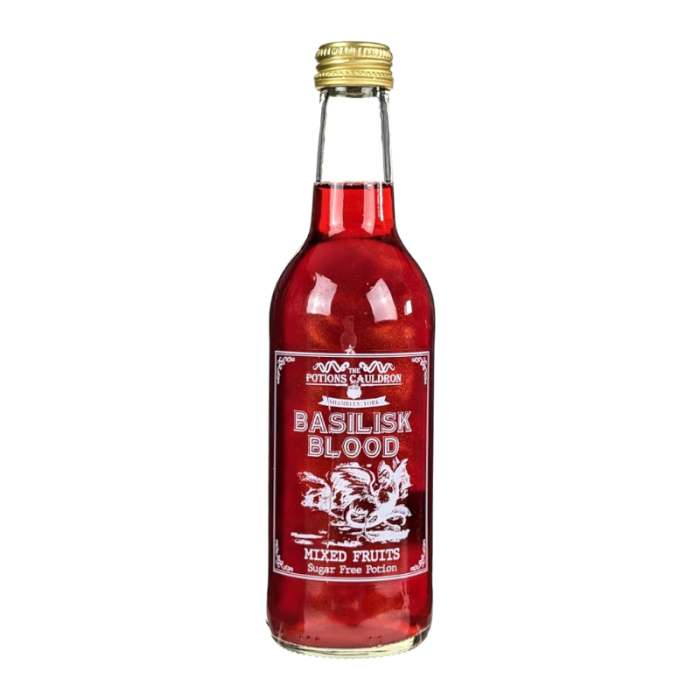 The Potions Cauldron Basilisk Blood Mixed Fruit Soda 330ml can featuring a fun fantasy-inspired design and offering a refreshing mix of fruity flavors with a fizzy texture.