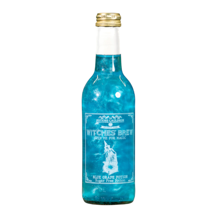 The Potions Cauldron Witches Brew Blue Grape Soda 330ml can featuring magical, mystical packaging, offering a bold, tangy blue grape soda with light carbonation.