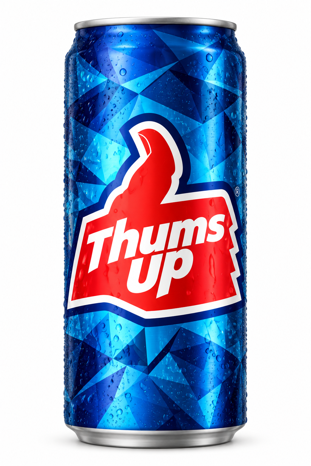 Thums Up Cola 300ml aluminium can featuring a blue geometric design, bold red thumbs-up logo, white Thums Up branding, silver top and bottom, and chilled condensation droplets.