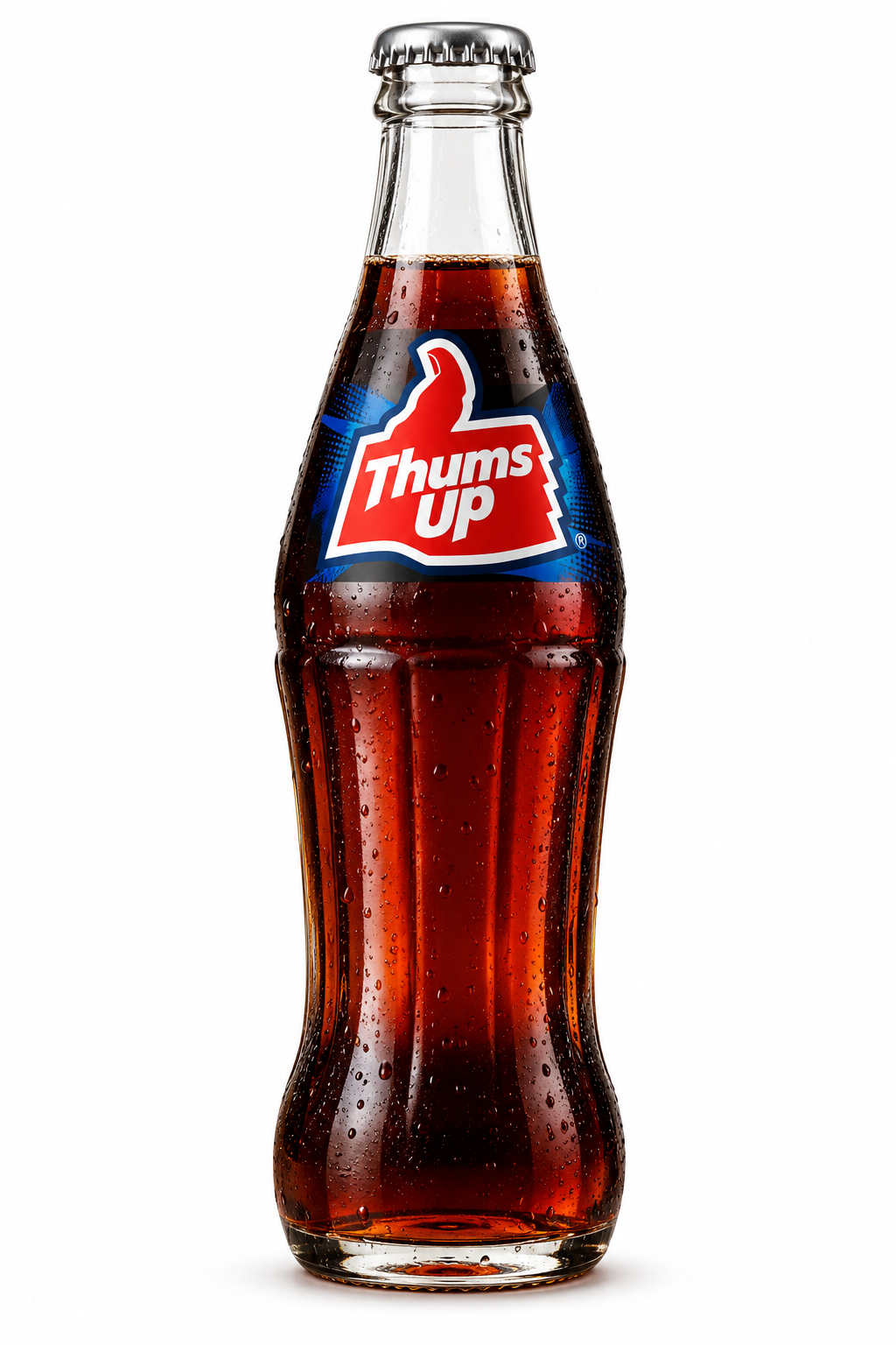 Thums Up Cola 200ml glass bottle featuring dark brown cola, a silver crown cap, contoured glass design, and the iconic red, white and blue Thums Up logo.