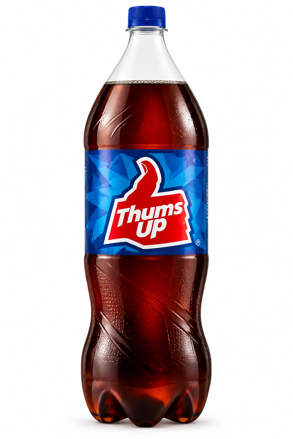 Thums Up Cola 1.5 litre plastic bottle featuring a blue cap, dark brown cola, blue geometric label, bold red and white Thums Up logo, and a contoured transparent plastic bottle design.