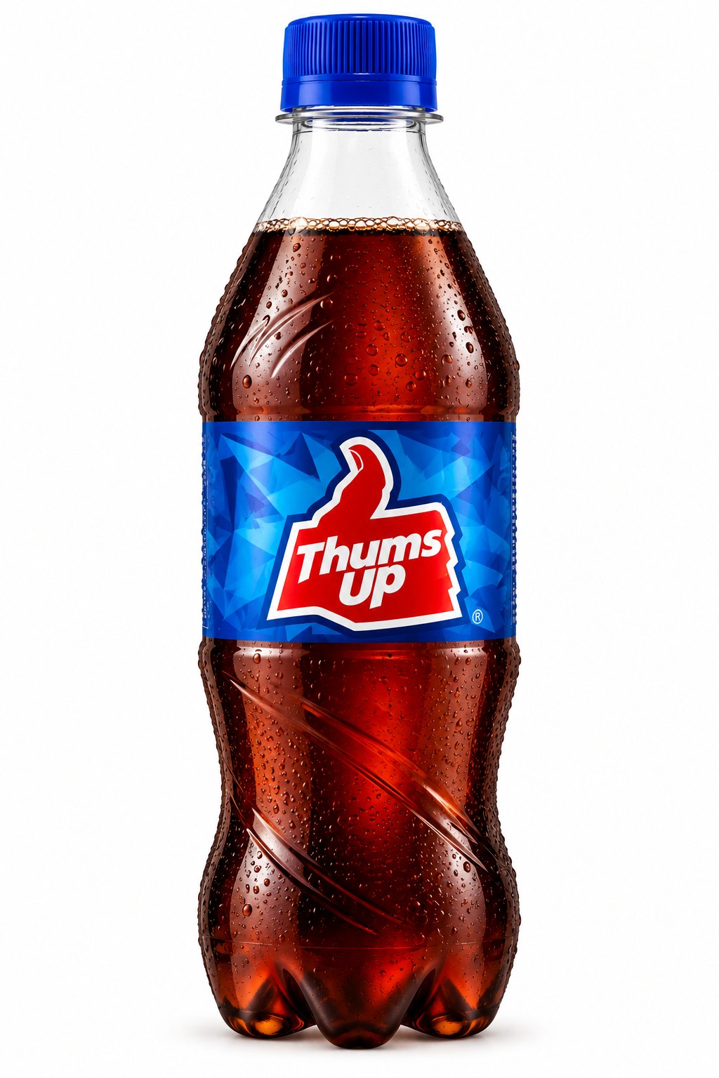Thums Up Cola 250ml plastic bottle featuring a blue cap, dark brown cola, blue geometric label, bold red and white Thums Up logo, and a contoured transparent plastic bottle design.