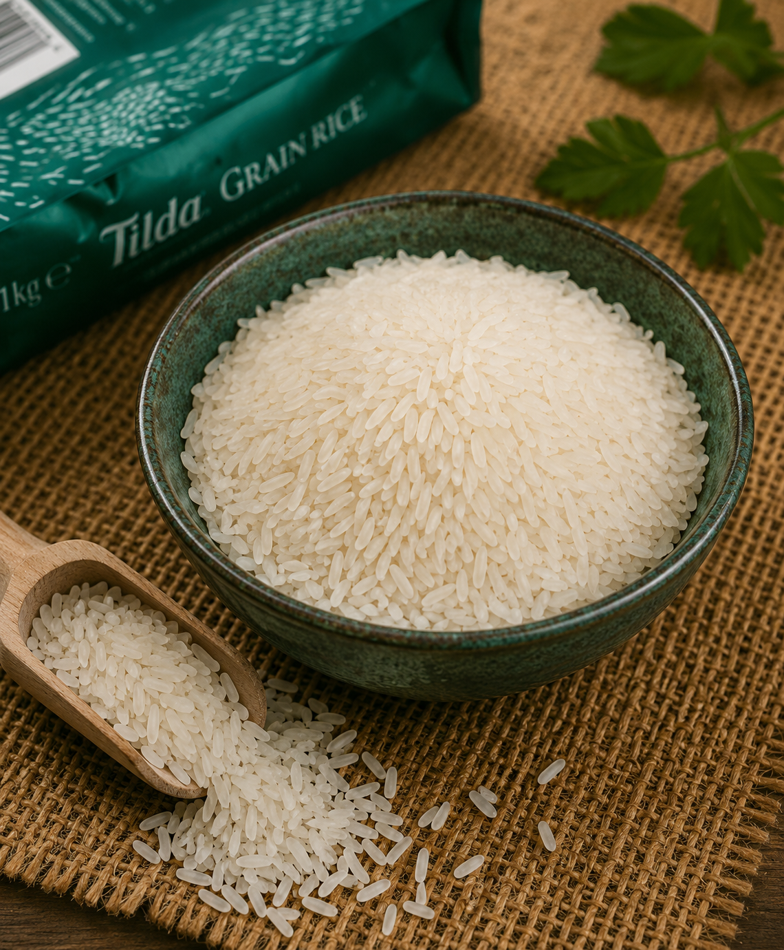 Premium Tilda Long Grain Rice displayed in a ceramic bowl with a wooden scoop of raw rice.