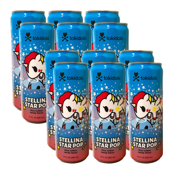 Tokidoki Stellina Star Pop Blue Cotton Candy Soda 12-Pack (355ml cans) featuring vibrant Tokidoki characters and offering a sweet, nostalgic cotton candy-flavored soda with light carbonation.