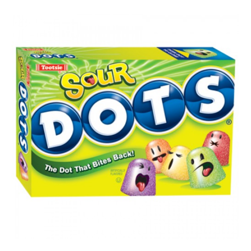 Tootsie Sour Dots chewy candy featuring assorted fruity sour flavours in a colourful box, delivering a tangy and sweet treat that bites back with every bite.