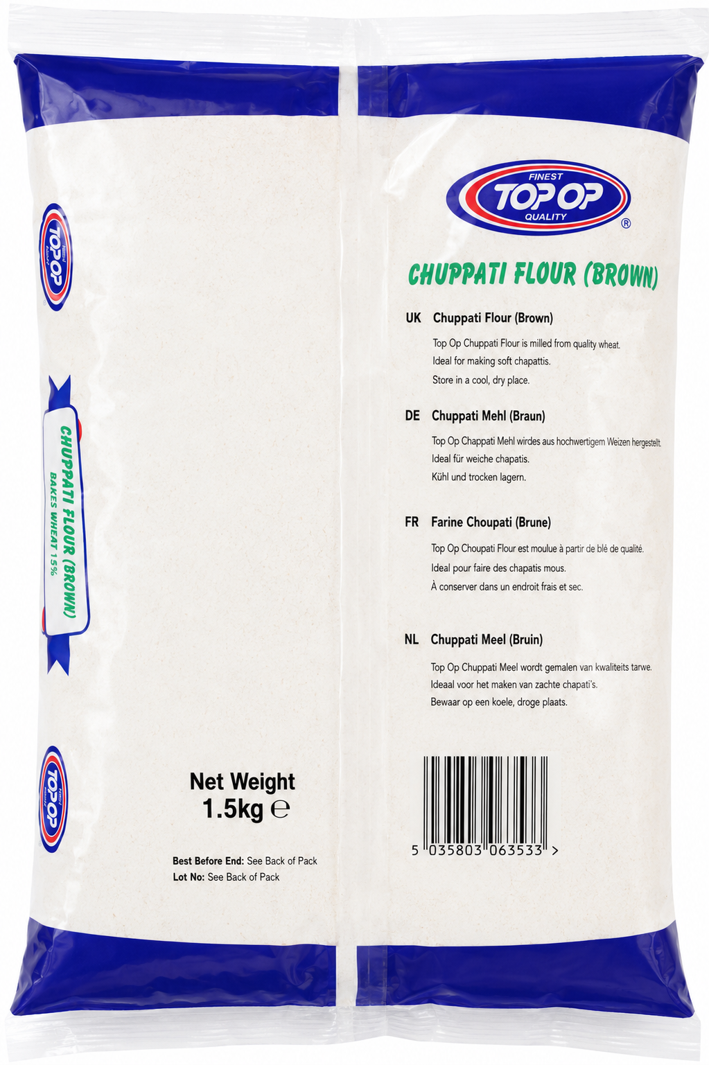 Back view of Top Op Chuppati Flour (Brown) 1.5kg pack showing preparation instructions, storage information, barcode, and product details.