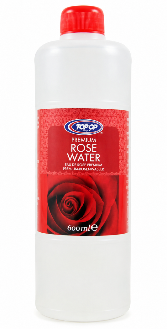 Top Op Premium Rose Water 600ml front packaging featuring pure and fragrant rose water ideal for desserts, beverages and traditional culinary recipes.