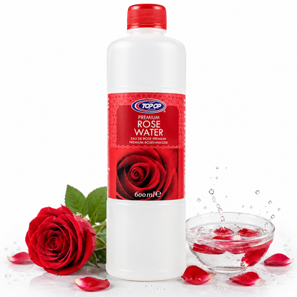 Top Op Premium Rose Water 600ml product bottle displayed on a clean white background, showcasing its premium quality and authentic rose essence for cooking and flavouring.