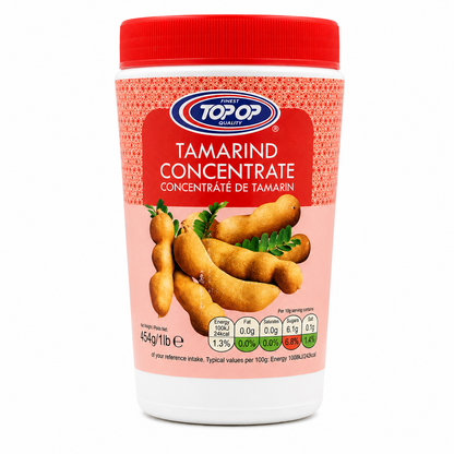 Top Op Tamarind Concentrate 454g front packaging featuring authentic tamarind concentrate ideal for adding rich, tangy flavour to curries, chutneys and traditional dishes.