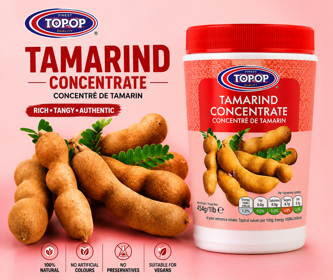 Premium lifestyle image of Top Op Tamarind Concentrate showcasing fresh tamarind pods with the product name prominently displayed, highlighting its rich, tangy flavour and authentic culinary heritage.