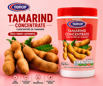 Premium lifestyle image of Top Op Tamarind Concentrate showcasing fresh tamarind pods with the product name prominently displayed, highlighting its rich, tangy flavour and authentic culinary heritage.