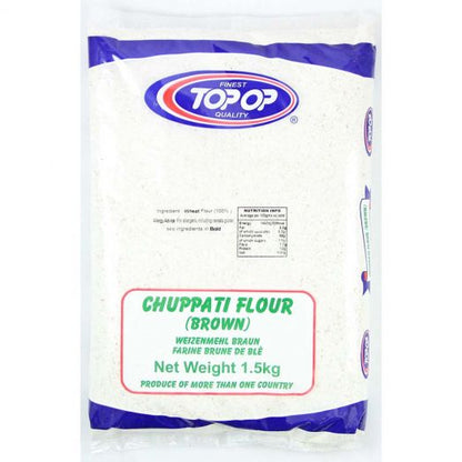 Top Op Brown Chappati Flour 1.5kg packaging – white and purple bag labeled “Chappati Flour (Brown)” whole wheat flour.