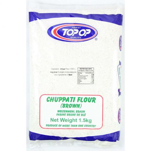 Top Op Brown Chappati Flour 1.5kg packaging – white and purple bag labeled “Chappati Flour (Brown)” whole wheat flour.