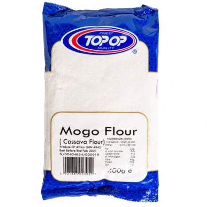 Top Op Mogo Flour 400g pack – cassava flour in blue and white packaging labelled “Product of Africa” with Top Op branding.