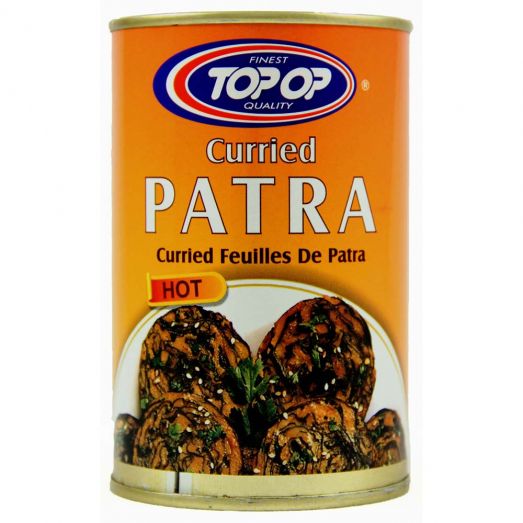 Orange 350g can of Top Op Curried Patra Hot, featuring images of sliced spicy patra rolls and labeled “Finest Quality” and “Hot.”