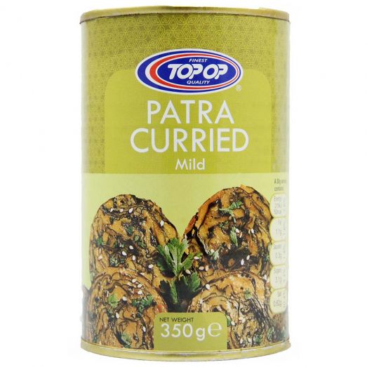 Green and gold 350g can of Top Op Patra Curried Mild, featuring sliced patra rolls on the front and labeled “Finest Quality” and “Mild.”